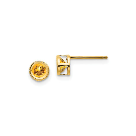 14k Yellow Gold Citrine Stud Earrings, Round Open Bezel, Minimalist Design for Women