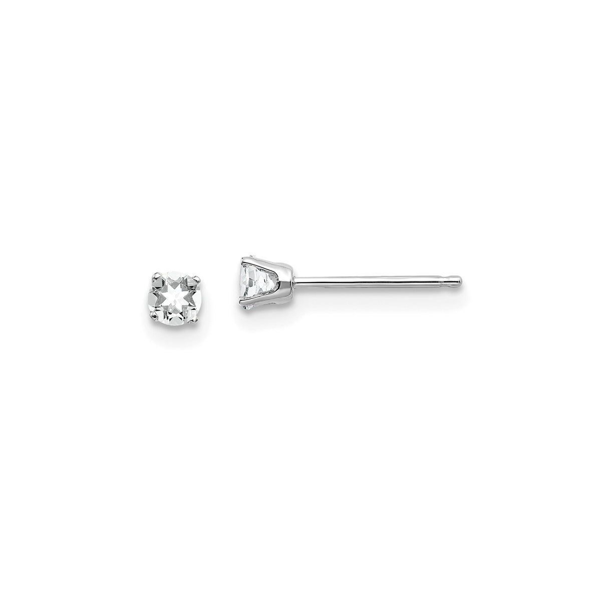 14k White Gold Stud Earrings with Round White Topaz in Classic Four Prong Solitaire Setting