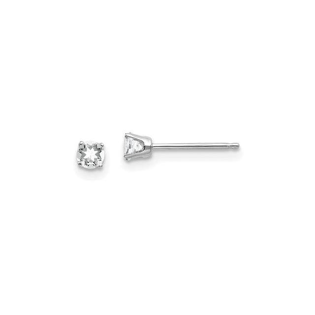 14k White Gold Stud Earrings with Round White Topaz in Classic Four Prong Solitaire Setting
