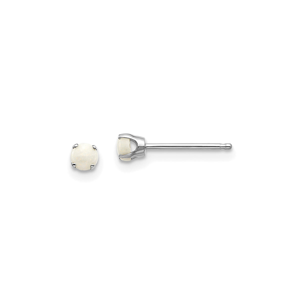 14k White Gold Stud Earrings with White Opal in Four Prong Setting, Minimalist Design