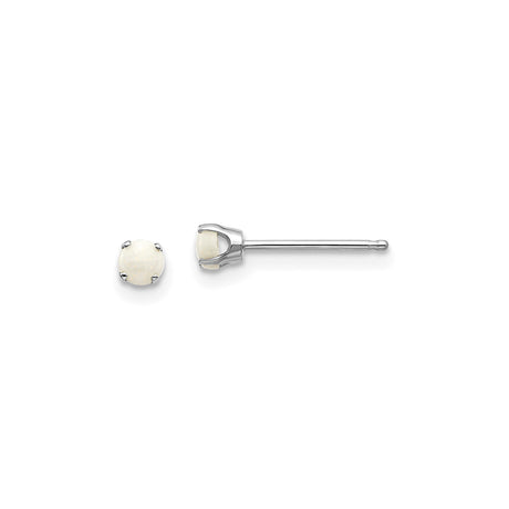 14k White Gold Stud Earrings with White Opal in Four Prong Setting, Minimalist Design