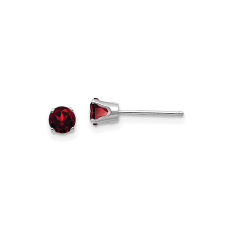 14k White Gold Stud Earrings with Round Garnet in Four Prong Minimalist Design