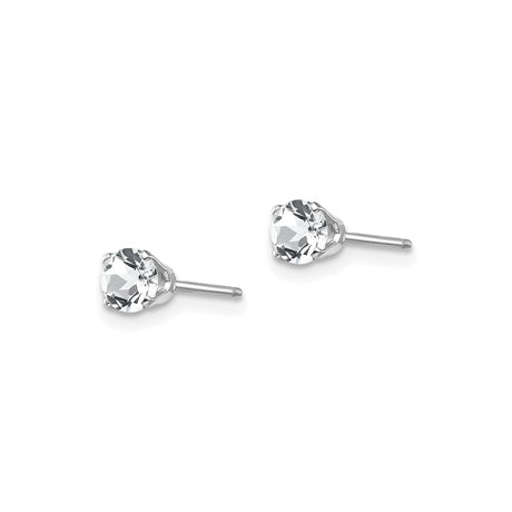 14k White Gold Stud Earrings with Round White Topaz, Four Prong Minimalist Design