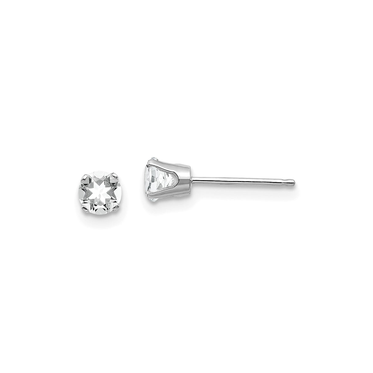 14k White Gold Stud Earrings with Round White Topaz, Four Prong Minimalist Design