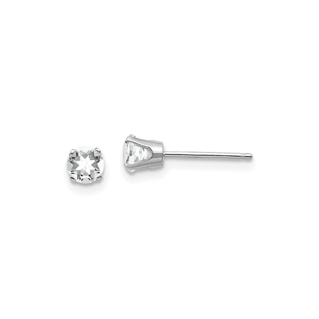 14k White Gold Stud Earrings with Round White Topaz, Four Prong Minimalist Design