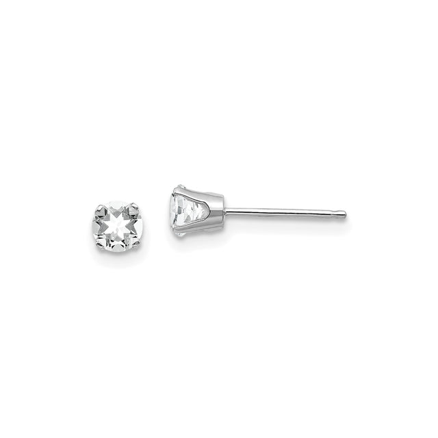 14k White Gold Stud Earrings with Round White Topaz, Four Prong Minimalist Design