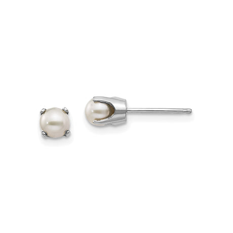 14k White Gold Pearl Stud Earrings with Round White Pearls, Classic Minimalist Design