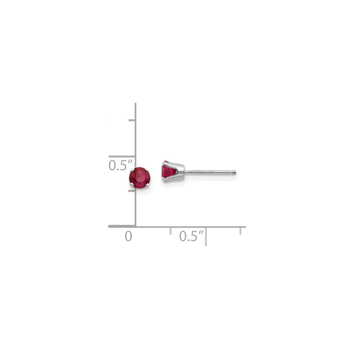 14k White Gold Ruby Stud Earrings, Round Cut Gemstone in Four Prong Setting