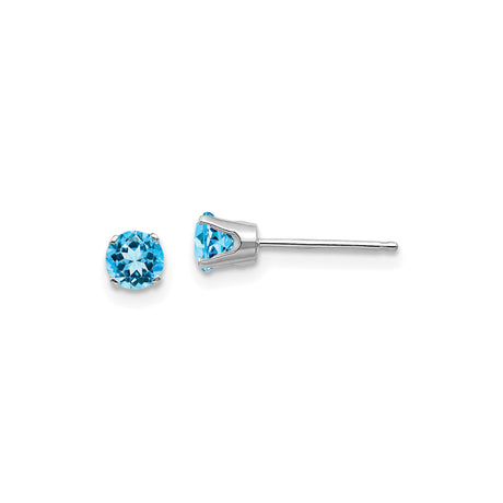 14k White Gold Stud Earrings with Swiss Blue Topaz, Round Cut, Four Prong Setting