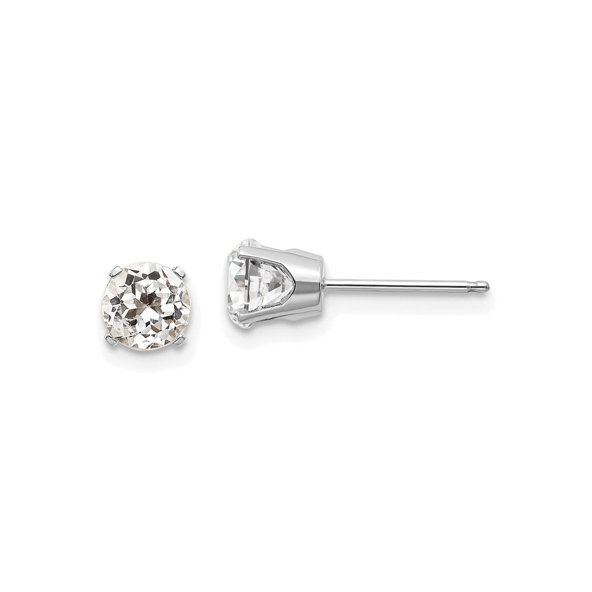 14k White Gold Stud Earrings with Round White Topaz in Four Prong Setting