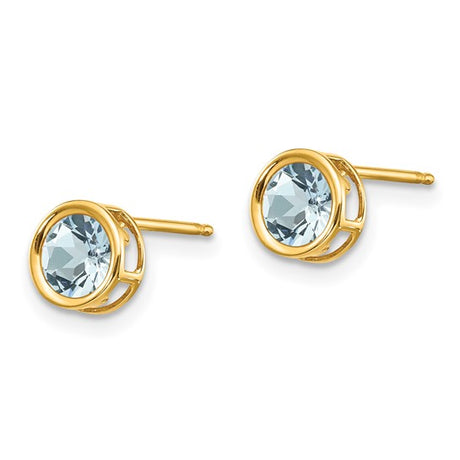 14k Yellow Gold Stud Earrings with Aquamarine, Round Bezel Set, Modern Open Design for Women