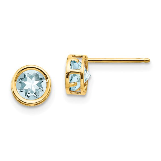 14k Yellow Gold Stud Earrings with Aquamarine, Round Bezel Set, Modern Open Design for Women