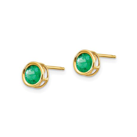 14k Yellow Gold Stud Earrings with Emerald in Bezel Setting, Minimalist Design for Women