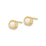 14k Yellow Gold Stud Earrings with Round White Cultured Pearl, Bezel Setting, Greek Key Design