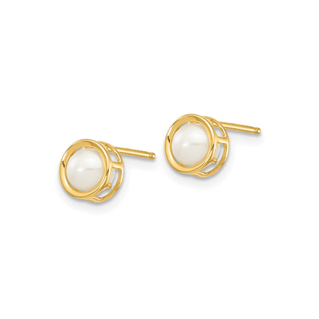 14k Yellow Gold Stud Earrings with Round White Cultured Pearl, Bezel Setting, Greek Key Design