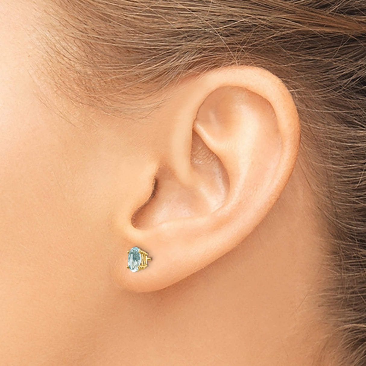 14k Yellow Gold Aquamarine Stud Earrings, Oval Light Blue Gemstone, Minimalist Post Style