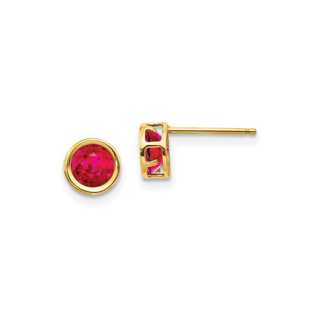 14k Yellow Gold Stud Earrings with Ruby, Bezel Set Round Gemstones, Modern Minimalist Style