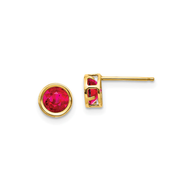 14k Yellow Gold Stud Earrings with Ruby, Bezel Set Round Gemstones, Modern Minimalist Style