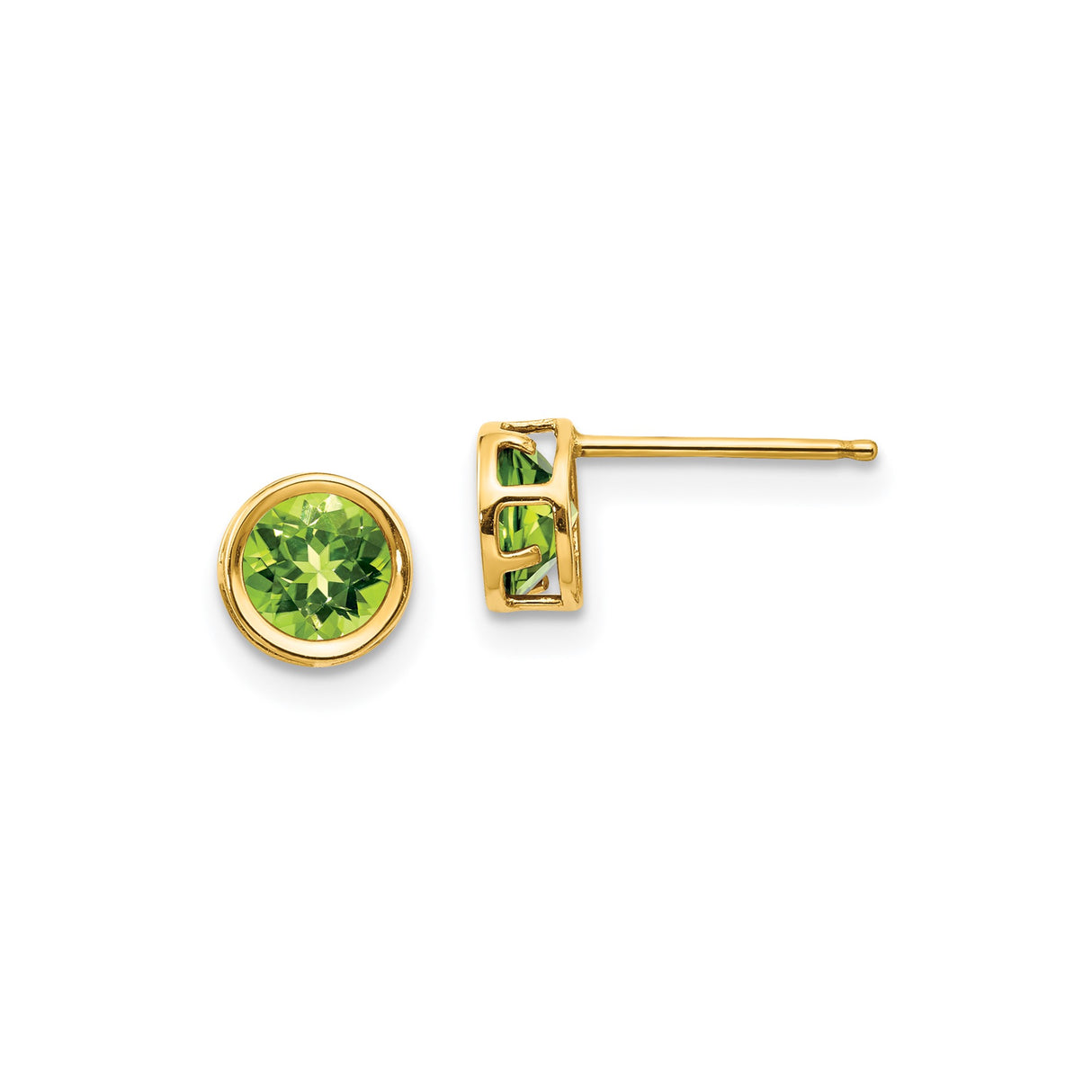 14k Yellow Gold Peridot Stud Earrings, Bezel Set Round August Birthstone Jewelry for Women