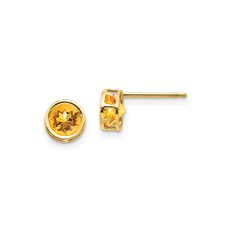 14k Yellow Gold Stud Earrings with Round Citrine, Bezel Set Minimalist November Birthstone Jewelry