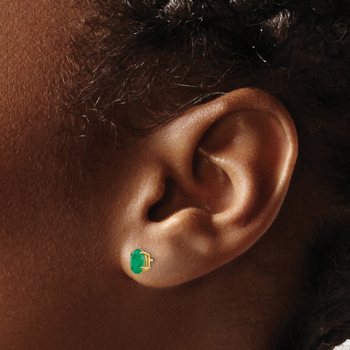 14k Yellow Gold Stud Earrings with Oval Cut Emerald Gemstones, Classic Four Prong Setting
