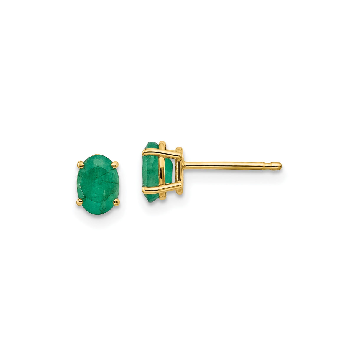 14k Yellow Gold Stud Earrings with Oval Cut Emerald Gemstones, Classic Four Prong Setting
