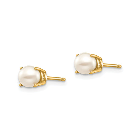 14k Yellow Gold Pearl Stud Earrings with White Cultured Round Pearls in Prong Setting