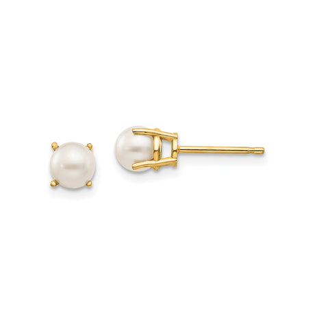 14k Yellow Gold Pearl Stud Earrings with White Cultured Round Pearls in Prong Setting