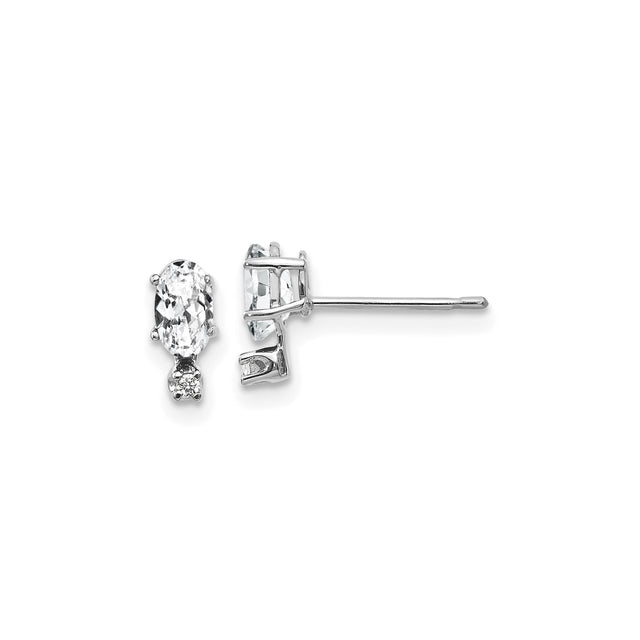 14k White Gold Stud Earrings with Oval Cut White Topaz and Diamond Accents