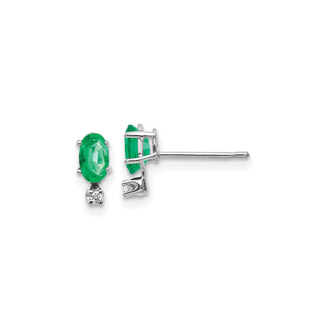 14k White Gold Emerald Stud Earrings with Diamond Accents, Oval Cut, May Birthstone