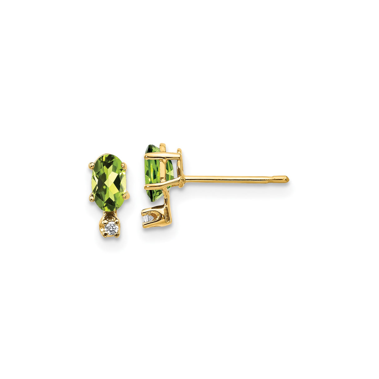 14k Yellow Gold Stud Earrings with Faceted Oval Peridot and Diamond Accents
