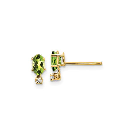 14k Yellow Gold Stud Earrings with Faceted Oval Peridot and Diamond Accents
