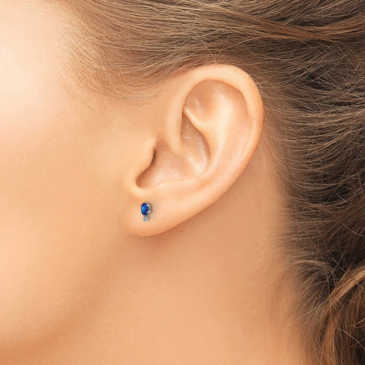 14k White Gold Stud Earrings with Oval Blue Sapphire and Diamond Accents