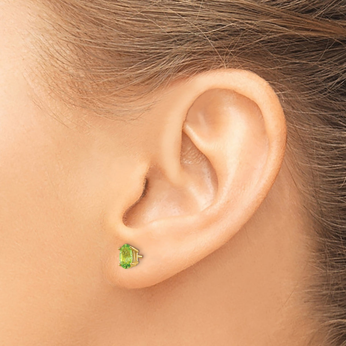 14k Yellow Gold Peridot Stud Earrings, Oval Cut Four Prong Minimalist Design for Women