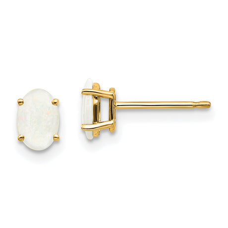 14k Yellow Gold Stud Earrings with Oval Opal, Four Prong Setting, Lightweight Design for Women