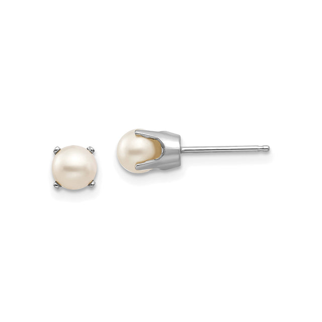 14k White Gold Pearl Stud Earrings, Round Cultured Pearls in Classic Prong Setting