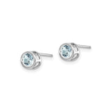 14k White Gold Stud Earrings with Round Aquamarine in Bezel Setting, Modern Openwork Design