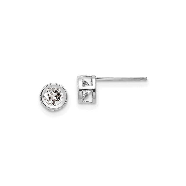 14k White Gold Stud Earrings with White Topaz, Bezel Set Round 4mm Minimalist Design