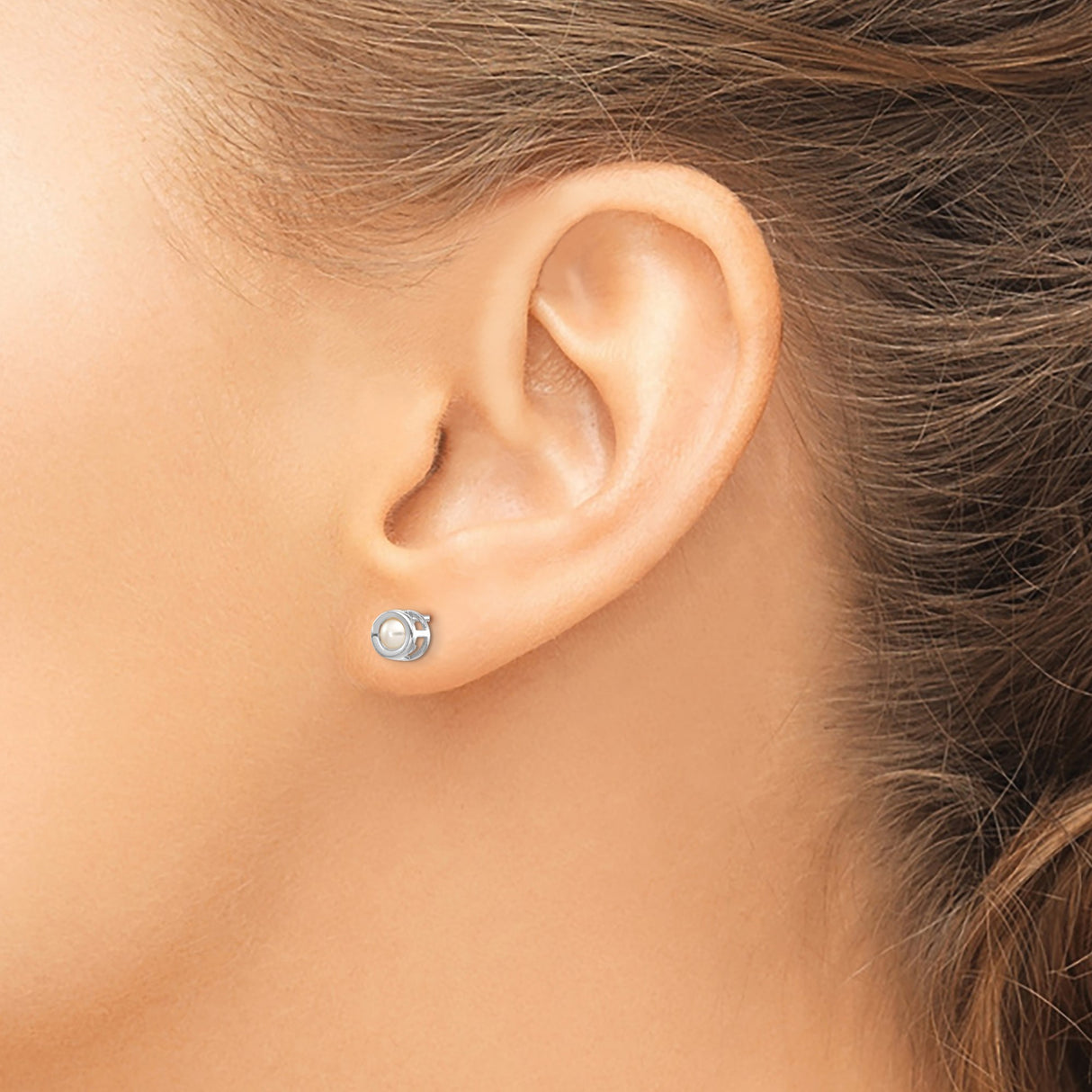 14k White Gold Stud Earrings with Cultured Pearls, Bezel Set, Minimalist Design