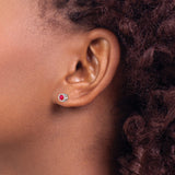 14k White Gold Ruby Stud Earrings, Round Bezel Set, Minimalist Modern Design for Women