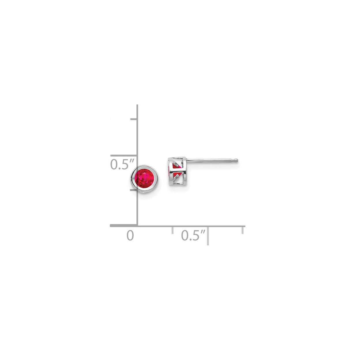 14k White Gold Ruby Stud Earrings, Round Bezel Set, Minimalist Modern Design for Women