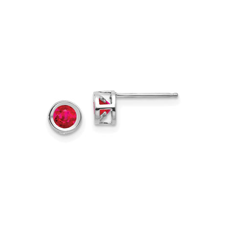 14k White Gold Ruby Stud Earrings, Round Bezel Set, Minimalist Modern Design for Women