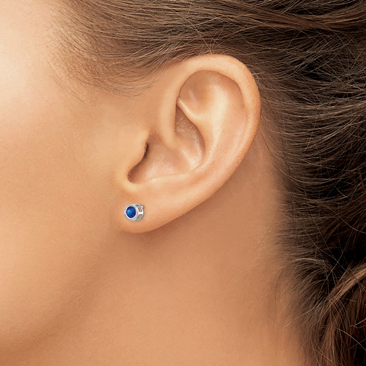 14k White Gold Stud Earrings with Round Sapphire in Bezel Setting, Minimalist Style