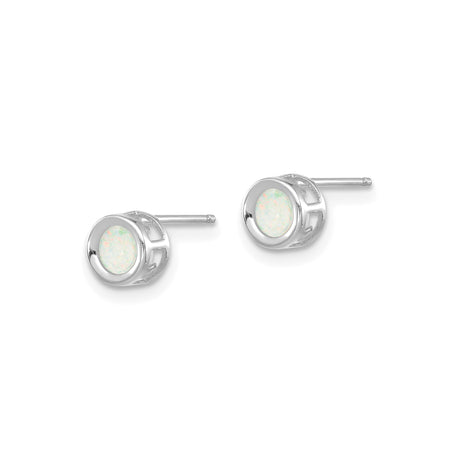 14k White Gold Opal Stud Earrings, Round Bezel Set, Minimalist Dainty Design for Women