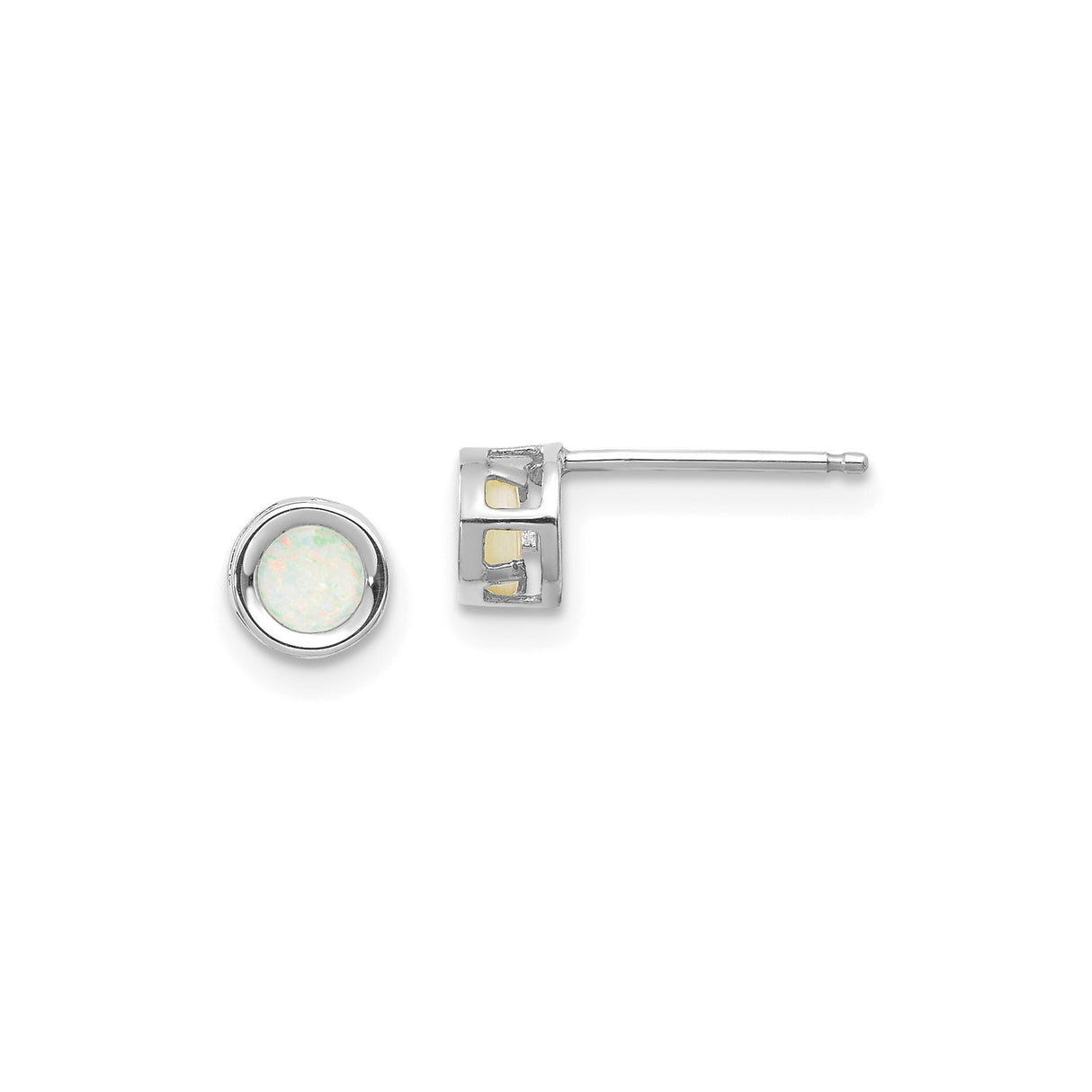 14k White Gold Opal Stud Earrings, Round Bezel Set, Minimalist Dainty Design for Women