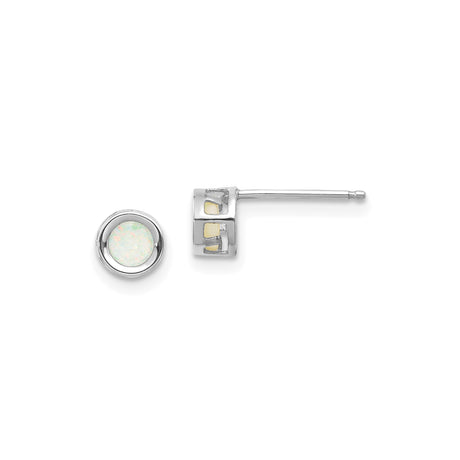 14k White Gold Opal Stud Earrings, Round Bezel Set, Minimalist Dainty Design for Women