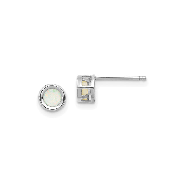 14k White Gold Opal Stud Earrings, Round Bezel Set, Minimalist Dainty Design for Women