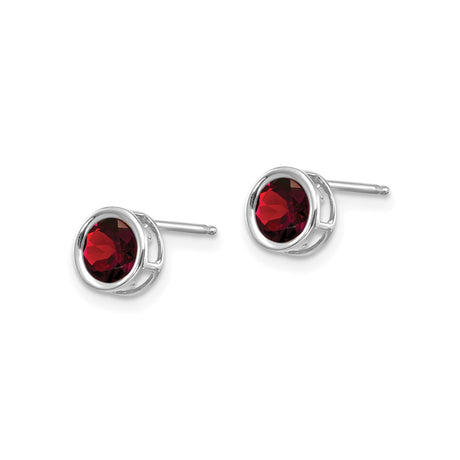 14k White Gold Garnet Stud Earrings, Round Cut Bezel Set Minimalist Design