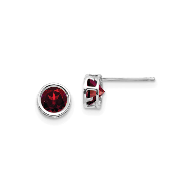 14k White Gold Garnet Stud Earrings, Round Cut Bezel Set Minimalist Design