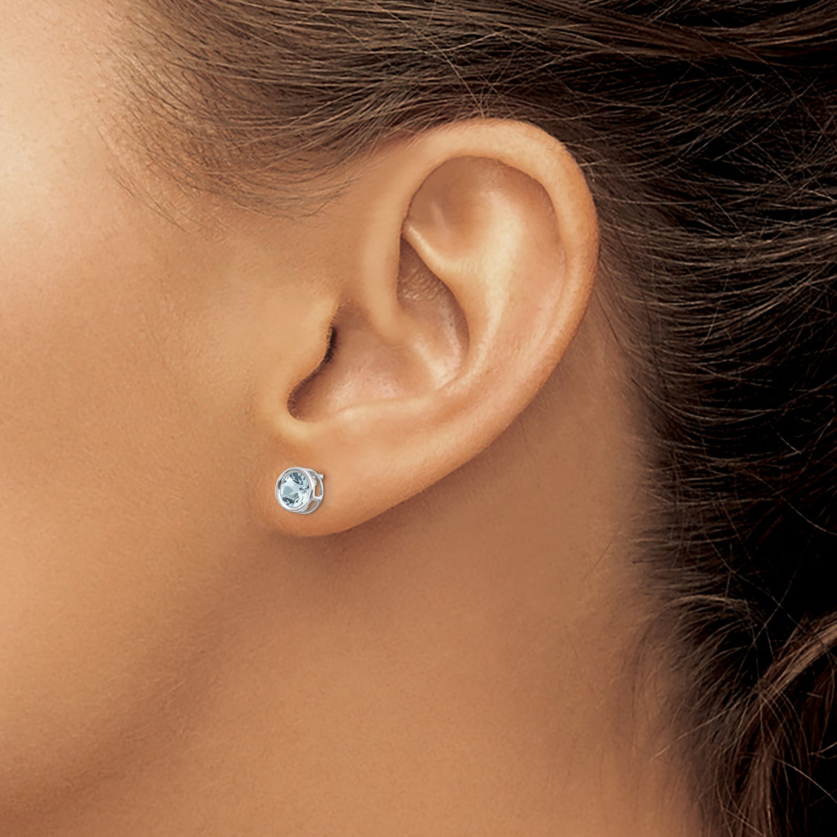 14k White Gold Stud Earrings with Aquamarine, Bezel Set Round Cut, Minimalist Starburst Design